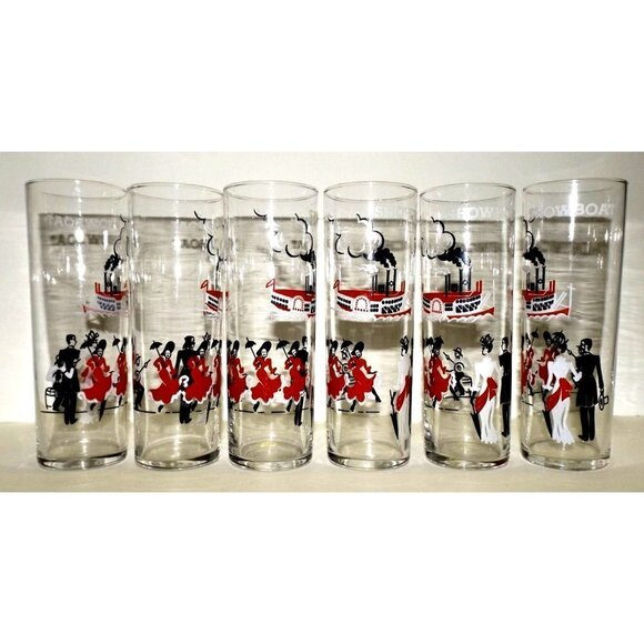 Libbey Glass set of 6 "Showboat" Tom Collins glasses red, black, and white, Vint - Picture 1 of 6